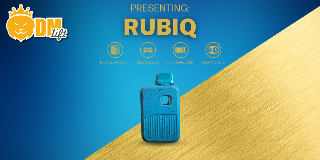 Blue, Rubiq AIO disposable vape over a blue background with a gold background splitting diagonally accompanied by title text and product freatures