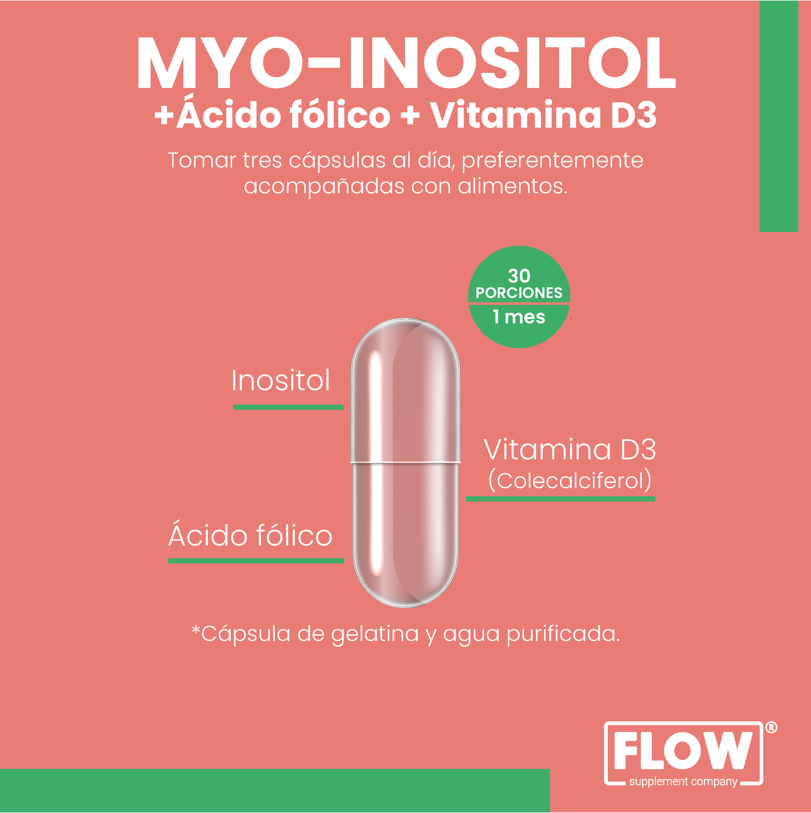 Myo Inositol Ácido Fólico Vitamina D3 90 Cápsulas 500 Mg Flow Supplements Company 3344