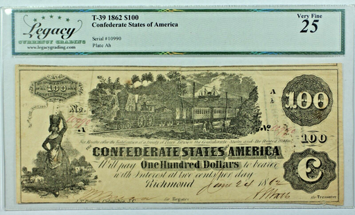 $100 Virginia Treasury Note No. 119 Oct. 15, 1862 Commonwealth of Virginia