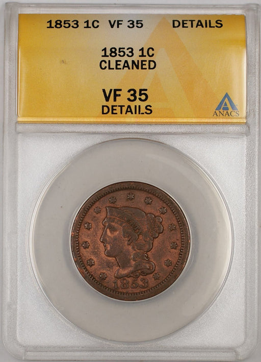 1850 Braided Hair Half Cent Coin C-1 ANACS AU-55 Details-Cleaned —  Juliancoin