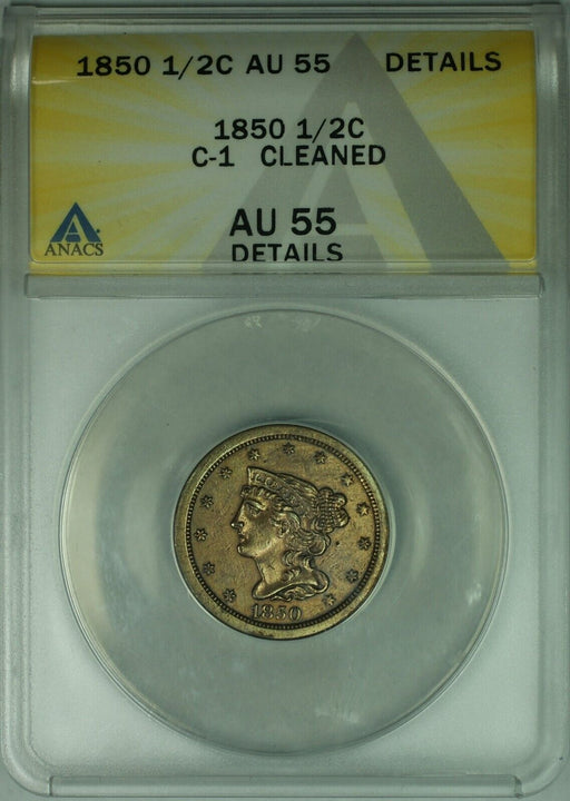 1850 Braided Hair Half Cent Coin C-1 ANACS AU-55 Details-Cleaned