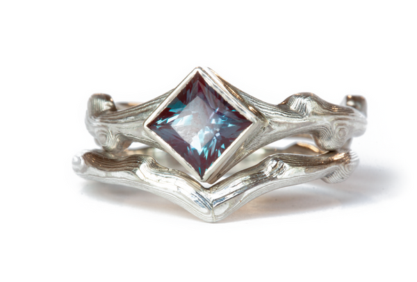 The Mokume Square Cut Branch Ring white gold princess cut alexandrite bezel setting