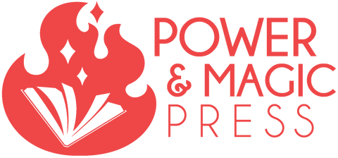 The Power & Magic Press logo. A flame icon engulfs an open book with pages flipping. Instead of burning, the pages emit sparkles.