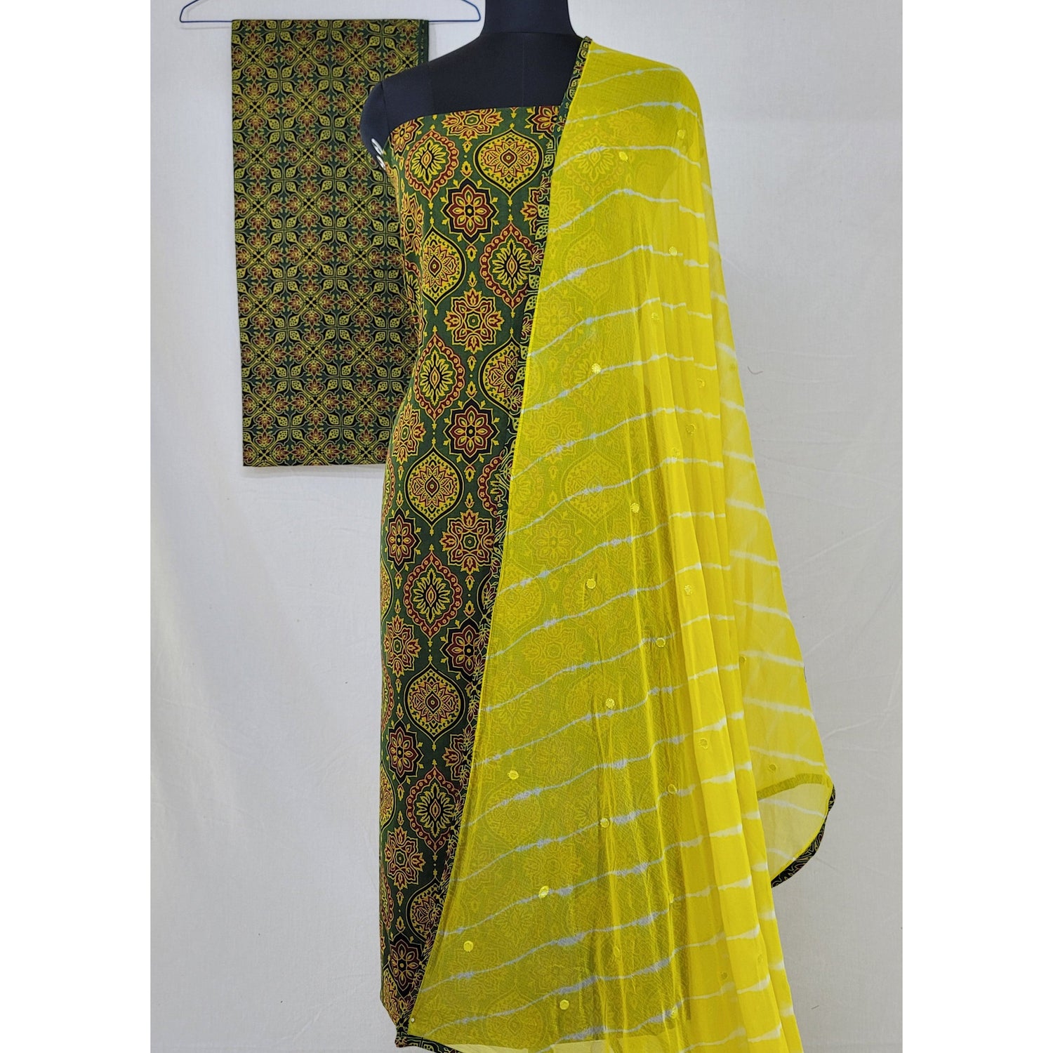 Hand printed natural dyed  Ajrakh cotton salwar set with laheria dupatta - Vinshika