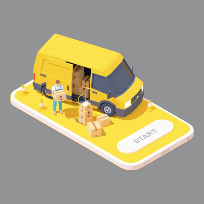 Yellow van with guy holding a box Illustration for Sterling Valley Maple syrup subscription service