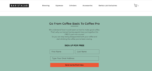 Barista Lab uses a free email course as their ecommerce lead magnet, called "From Coffee Basic to Coffee Pro"