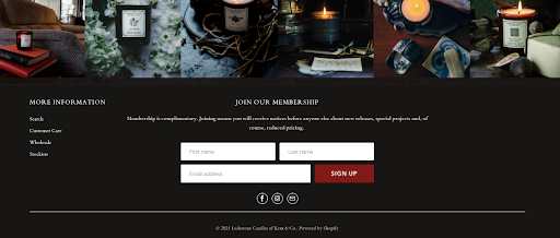 Lodestone Candles uses "membership" to position their email list as a community.