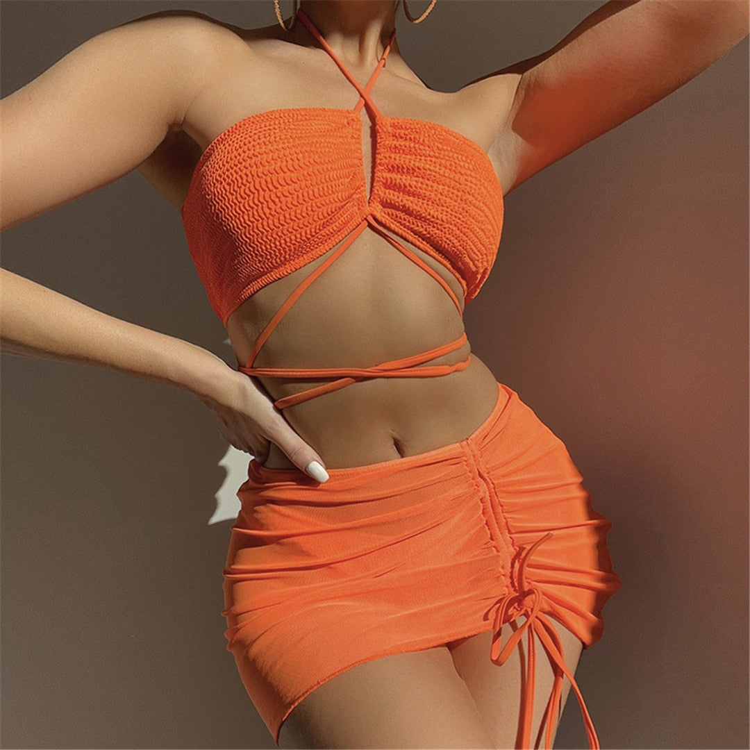 CUCURBIT - Set: Halter Plain Knot Bikini Top + Swim Skirt + Bikini Bottom