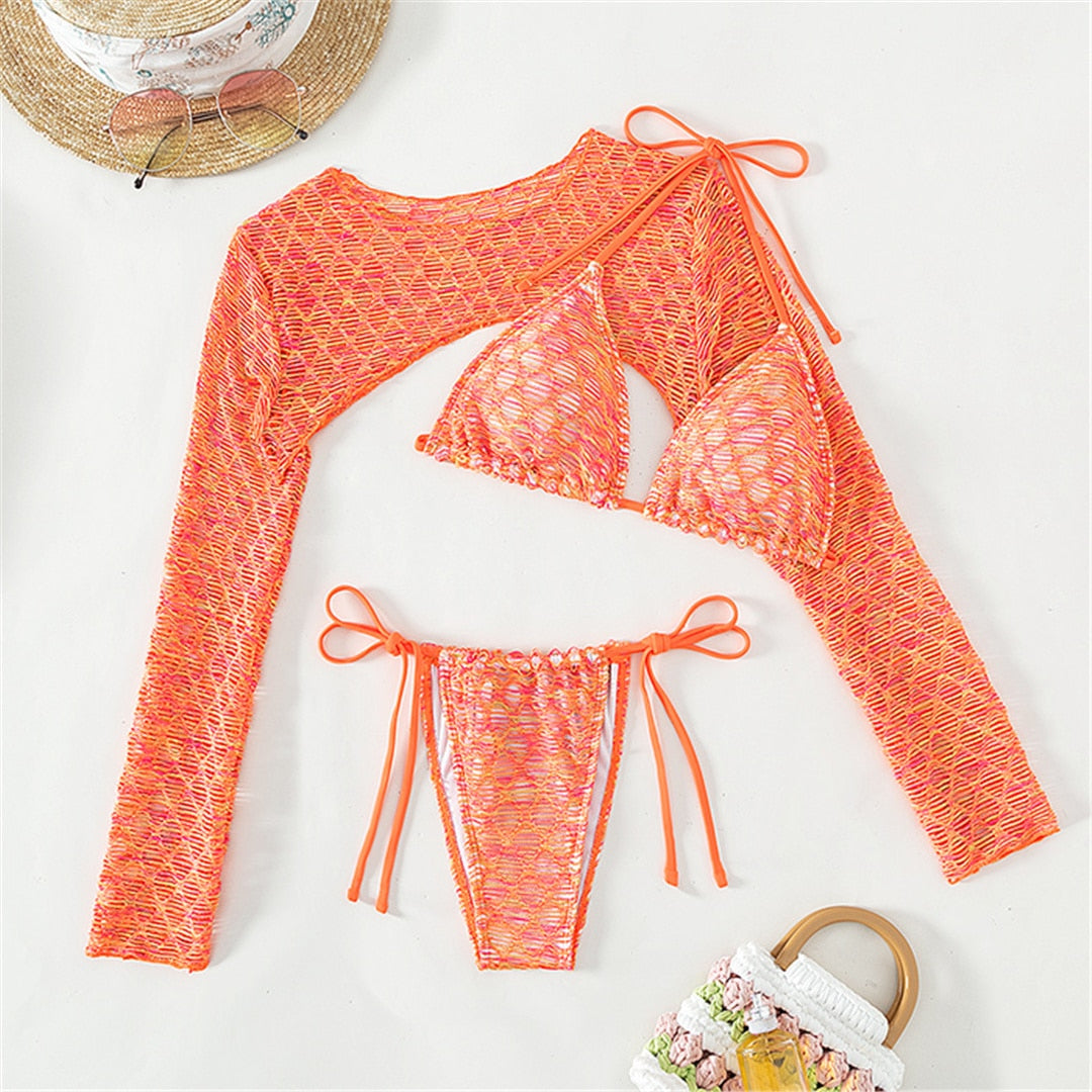 Orange Printed Halter Bikini - CUVATI