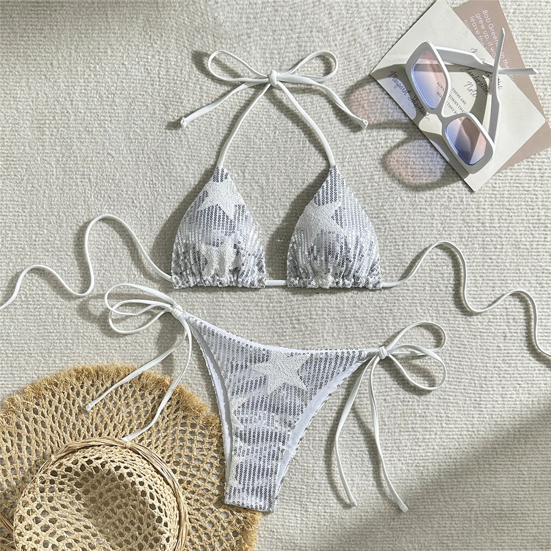 Shiny Sequins Halter Bikini