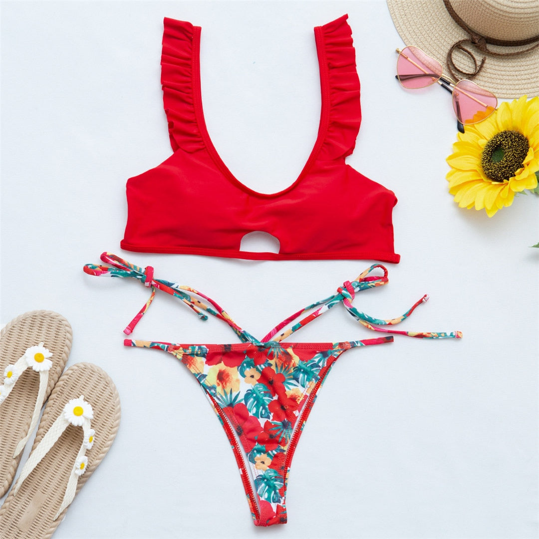 New Blue Floral Printed Halter Bikini Female Swimsuit Women