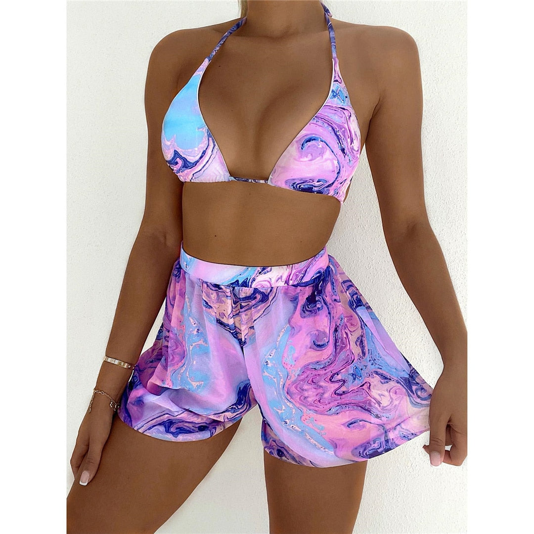 vbnergoie Womens Multi Color Tie-Dye Print Set Two Piece Swimdress And  Panty Swimsuits Bathing Shorts Halter Bikini Tops for Women Underwire 