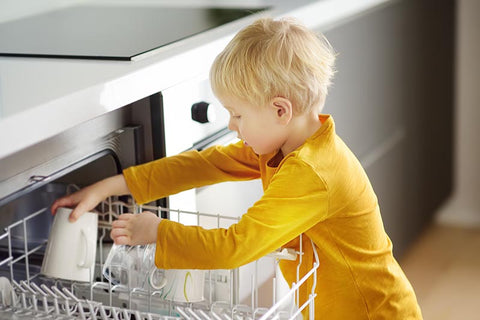 Toddler loading the dishwasher