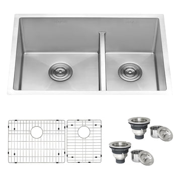 32-1/2 in. 50/50 Low Divider Stainless Steel Kitchen Sink & Low Profile  Faucet - Bed Bath & Beyond - 20631604