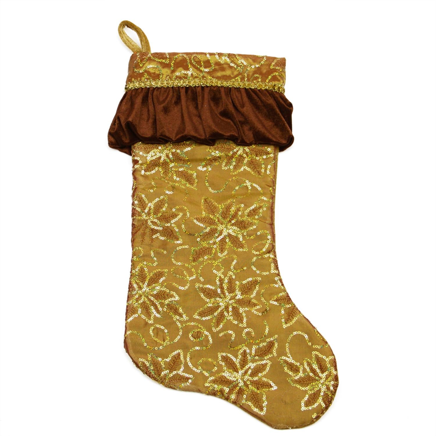 19" Gold Sequined Floral Christmas Stocking with Venetian-Style Ruffle Cuff
