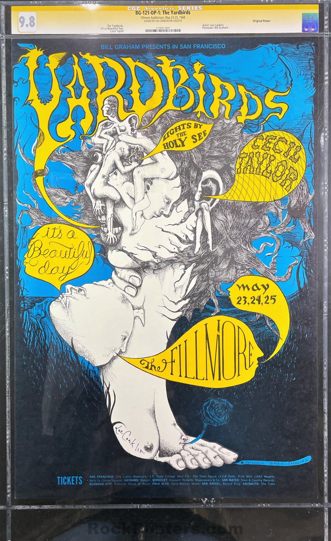 BG-121 - Yardbirds - Lee Conklin Signed - 1968 Poster - Fillmore Auditorium - CGC Graded  9.8