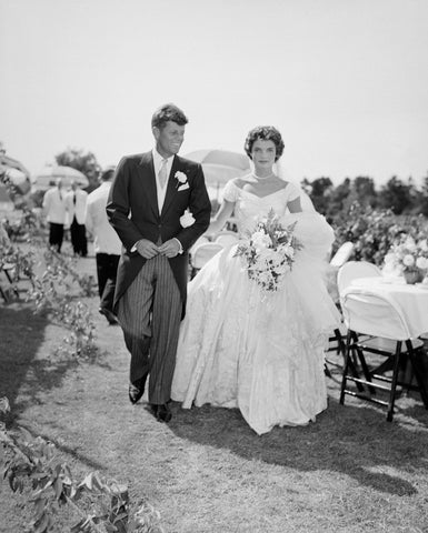 JFK and Jackie wedding day modest ball gown lace 