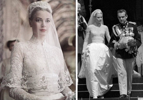 Princes Grace Kelly on her wedding day with modest wedding dress lace sleeves