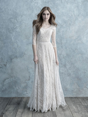 allure bridals modest wedding dress with long lace sleeves cheap LDS bridal gown for plus size