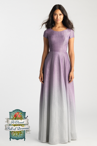 A-Line shimmering modest prom dress with sleeves purple to grey LDS formal gown