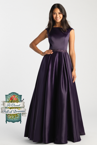 Purple ball gown modest prom dress with sleeves plus size mormon 