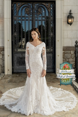 T2081Z all lace A-Line modest wedding dress with sleeves beautiful LDS temple bridal gown