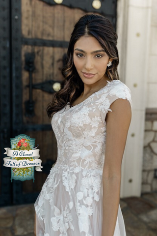 T2084Z closeup modest bridal gown LDS temple wedding dress plus size floral lace