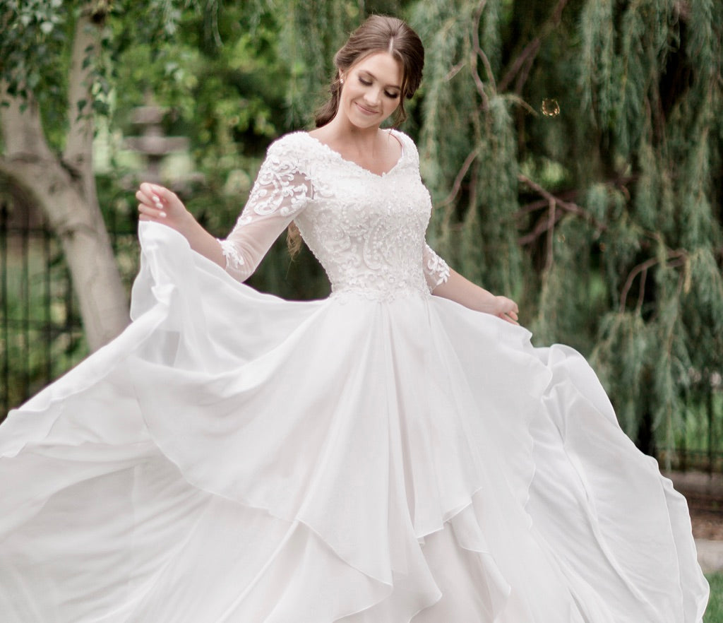 Modest wedding dresses with sleeves lace illusion sleeves for plus size cheap LDS bridal