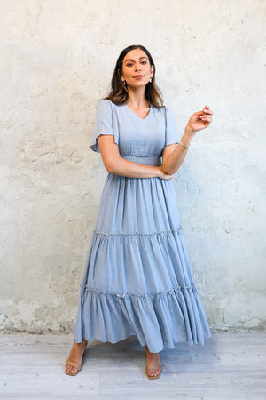Taylor Modest Maxi in Chambray Blue - A Closet Full of Dresses - Modest Maxi Dress