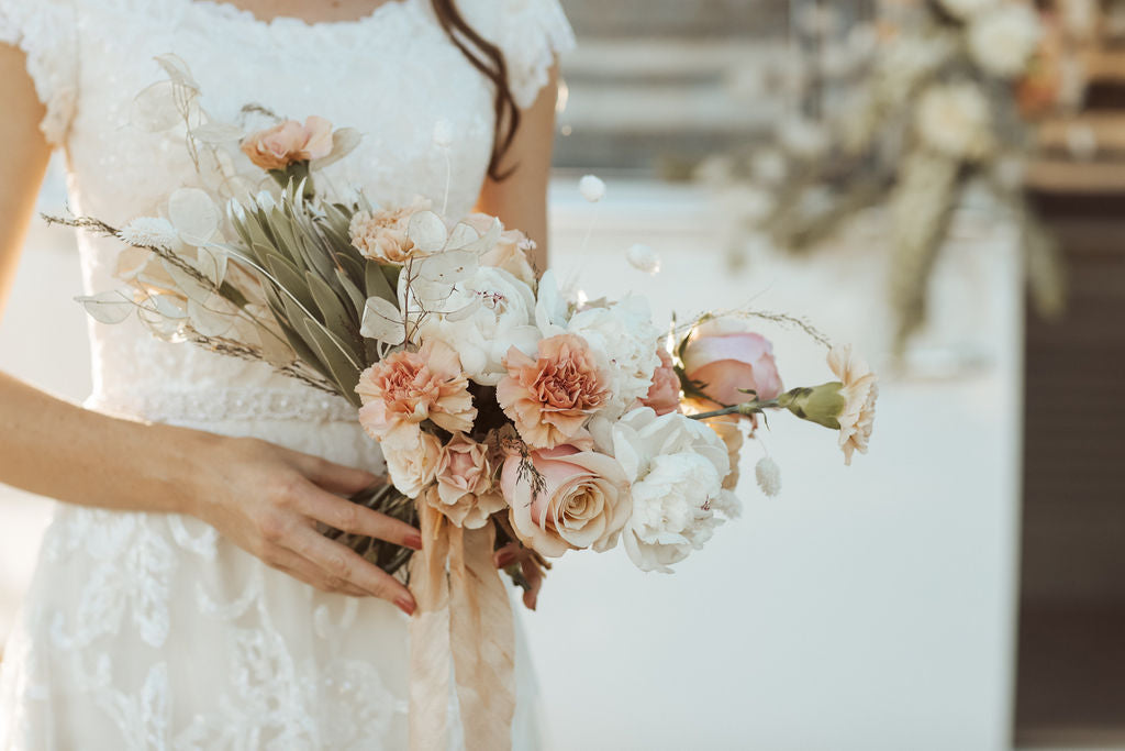 Great color combination modest wedding dress with sleeves soft colored flowers LDS bridal gown for plus size