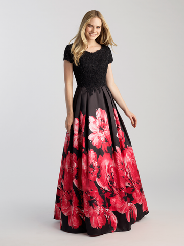 Red floral on black modest prom dress with sleeves ball gown LDS formal dress for plus size