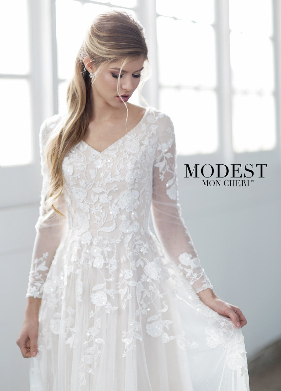 Mon Cheri TR21858 Modest Wedding Dress | A Closet Full of Dresses