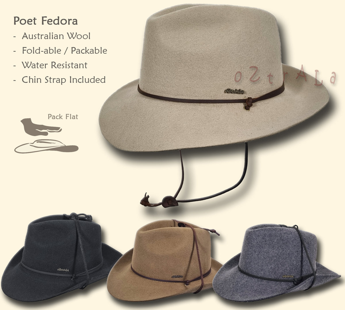 【oZtrALa】 HAT Australian Wool Felt Hat Leather Chin-Strap Outback Cowb
