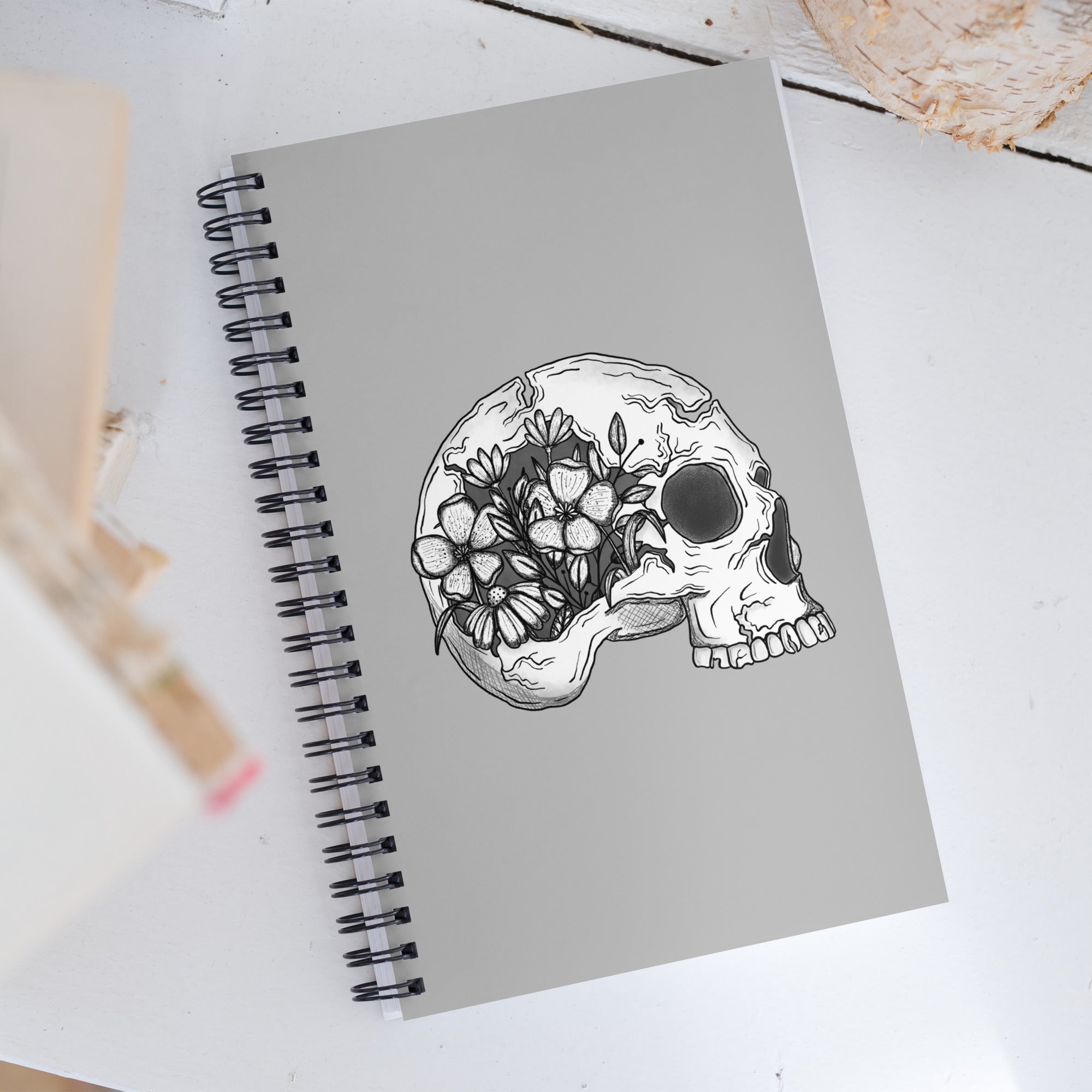 Monochrome Skull and Flowers Spiral Notebook ©