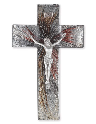 10 Inch Shimmering Glass Crucifix Pewter Corpus