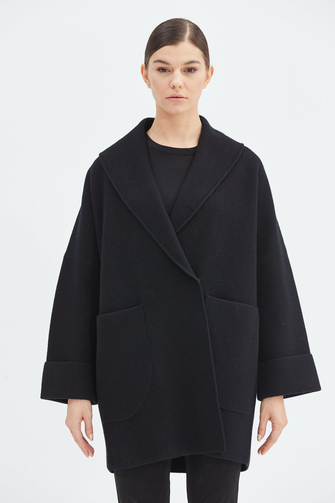 Women's Cocoon Wool Coat with Pockets | Black and White | Public Habit