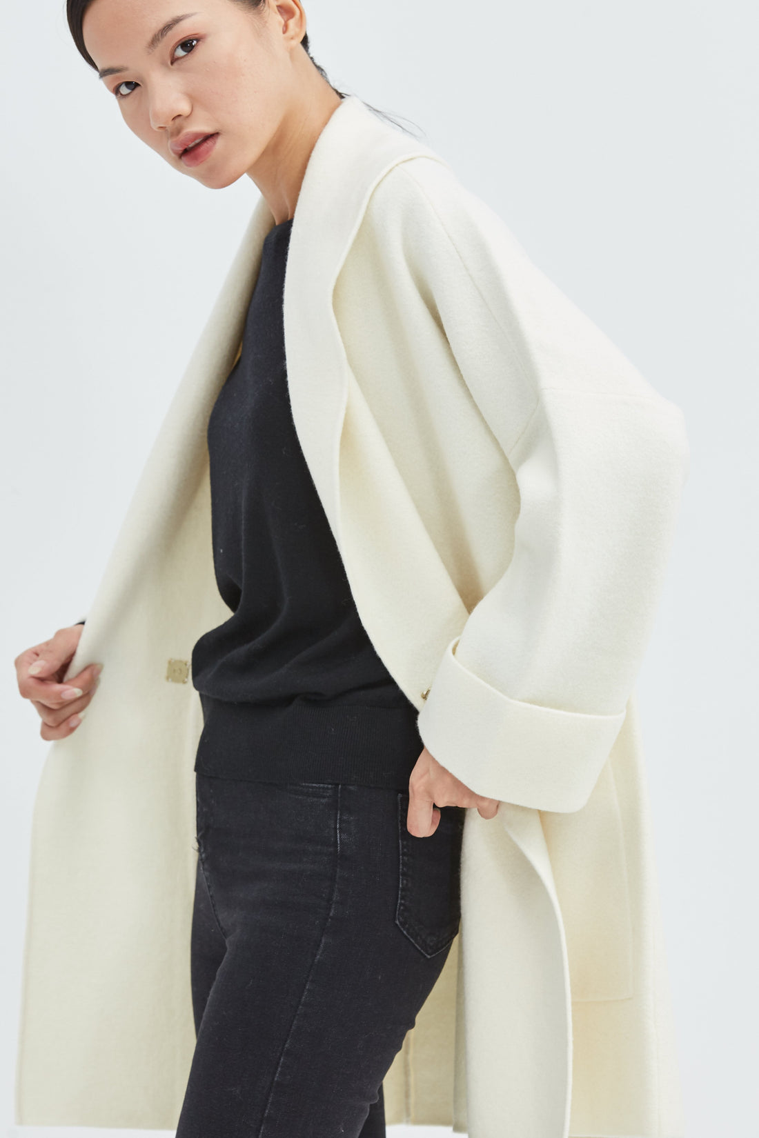 Women's Cocoon Wool Coat with Pockets | Black and White | Public Habit