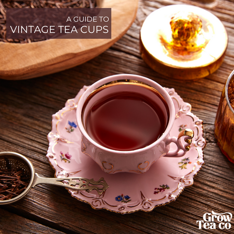 A guide to vintage tea cups. A vintage tea cup with loose leaf tea