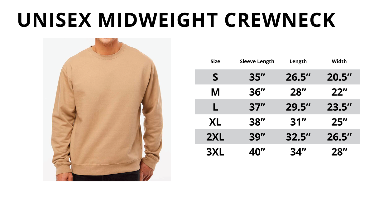 Unisex Midweight Crewneck Sizing Chart