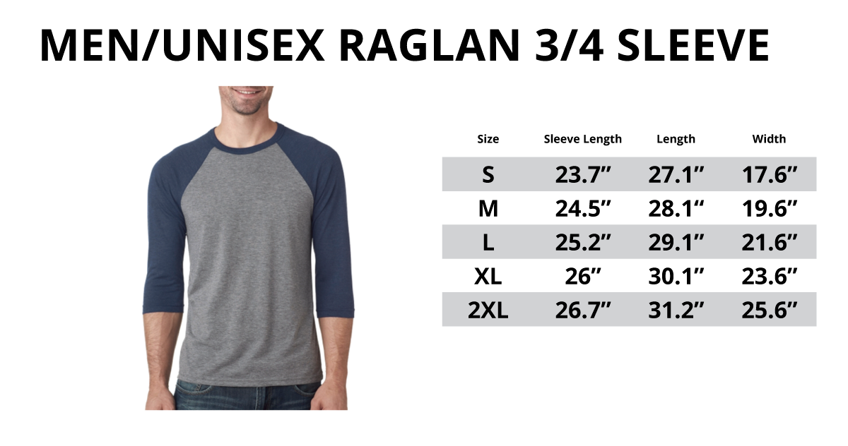 Men/Unisex Raglan 3/4 Sleeve Baseball Shirt Sizing