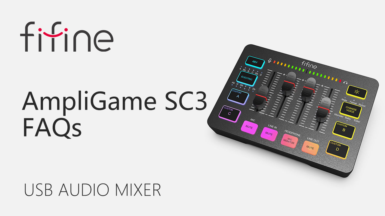 FIFINE AMPLIGAME SC3 Gaming USB Mixer with XLR/Headset  Input,Monitoring,Line In/Out,Faders,Mute/Voice Effect/Sample