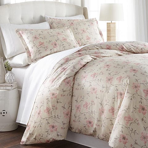 sand and pink floral print duvet set