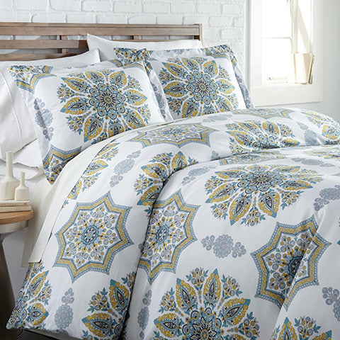 White and aqua medallion print comforter