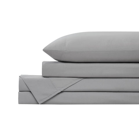 A stack of gray 600 thread count sheets from Southshore Fine Linens.