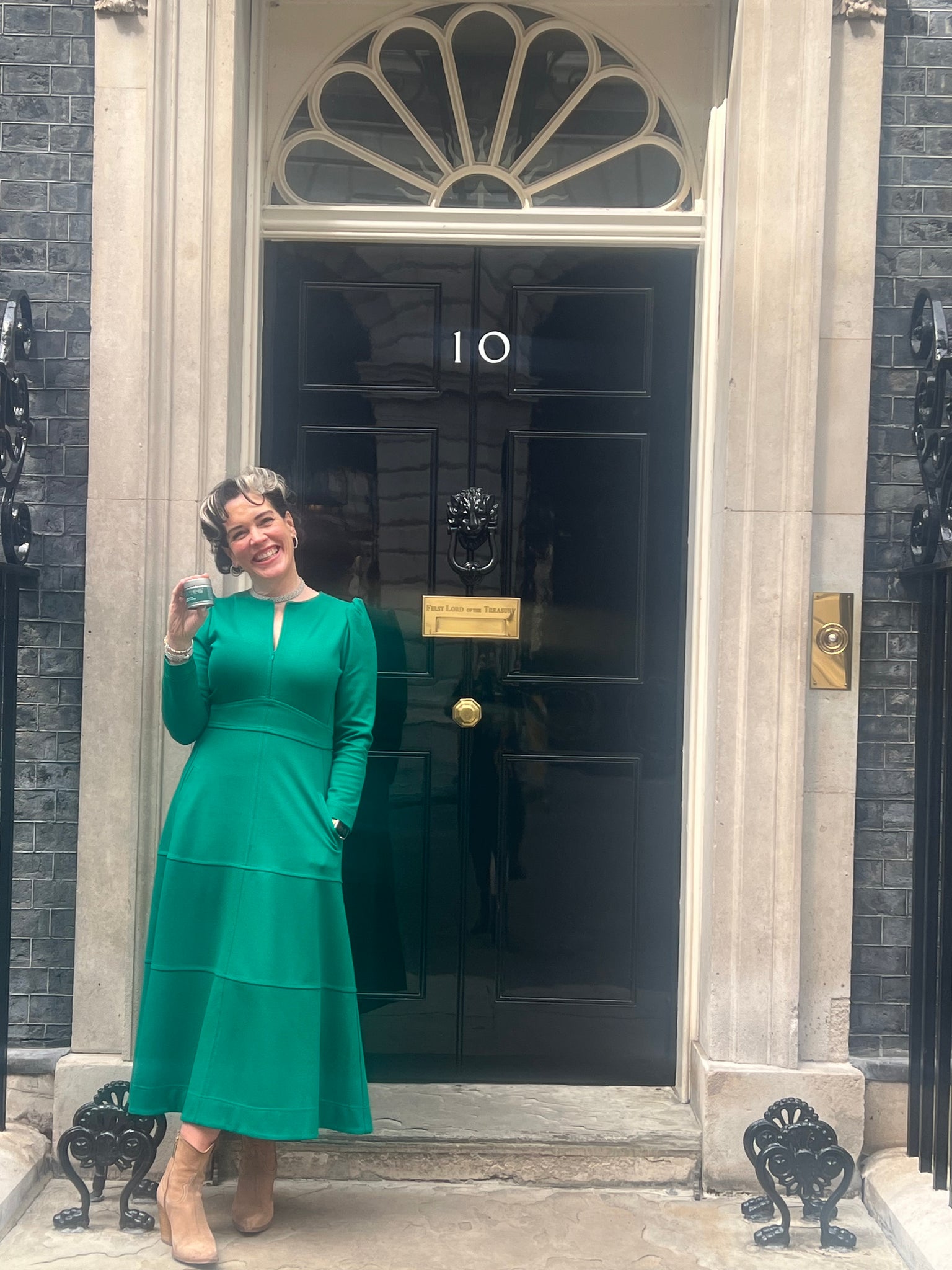 OMGTea founder Katherine Swift in front of 10 Downing Street
