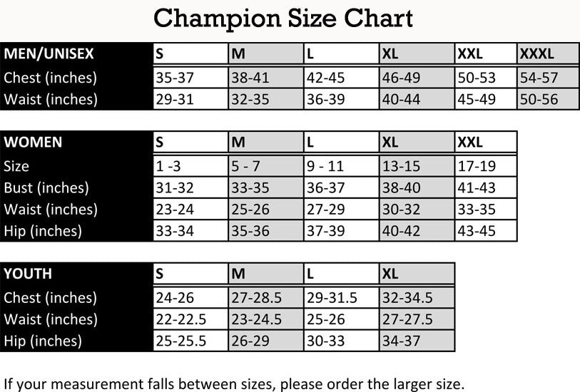 champion women's sweatshirt size chart