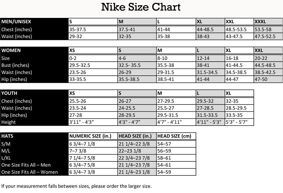 nike pro size chart