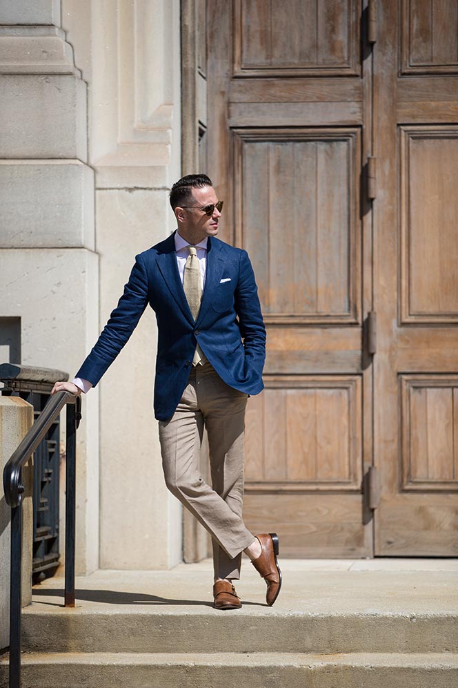 brown-linen-pants-blue-blazer-pink-shirt-brown-shoes-spring-work-outfit-ideas-2  | He Spoke Style