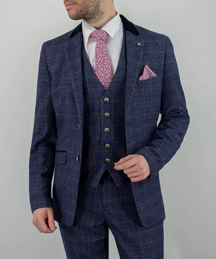 Cavani | Cavani Matteo Men’s Blue Check Slim Fit Tweed Suit - MENSWEARR