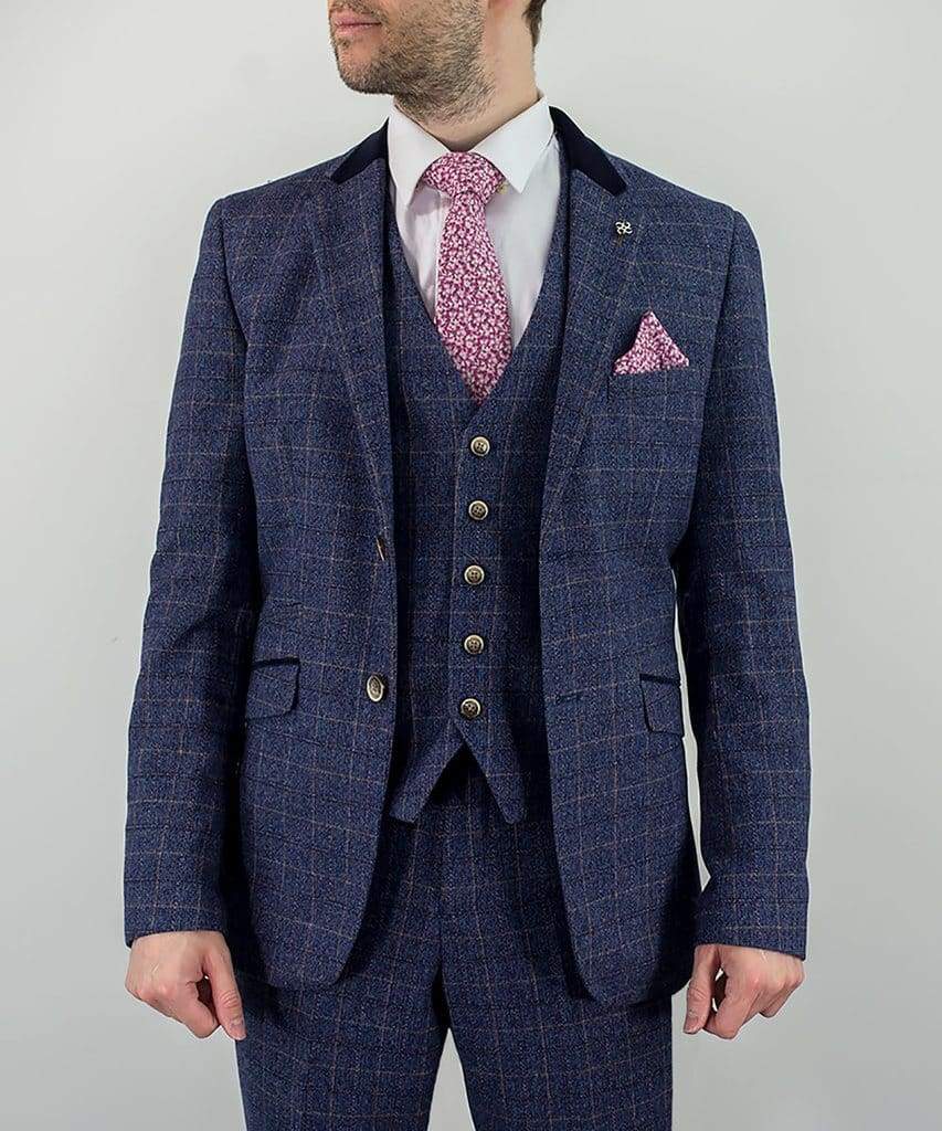 Cavani | Cavani Matteo Men’s Blue Check Slim Fit Tweed Suit - MENSWEARR